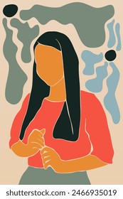 Abstractas fondo boho botánica con una ilustración de niña. Abstractas fondo de arte boho