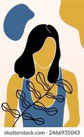 Abstract boho botany background with a girl illustration. Abstract boho art background