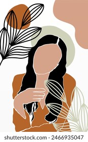 Abstract boho botany background with a girl illustration. Abstract boho art background