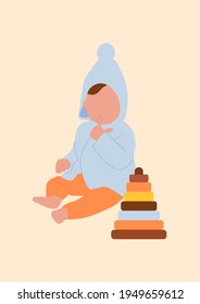 Abstract boho child portrait. Baby boy silhouette and pyramid. Minimalistic vector illustration isolated on a white background.