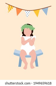 Abstract boho child portrait. Baby girl silhouette and garland. Minimalistic vector illustration isolated on a background.