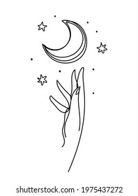 Abstract boho continuous line symbol. Hand and crescent moon icon. Aesthetic drawing for logo, beauty salon, astrology. Vector illustration isolated on white background.