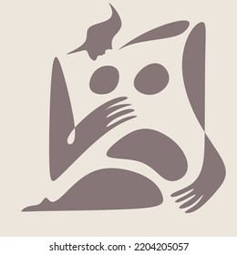 Abstract Boho Cubism art drawing illustration. Cubism bohemian surreal abstract body woman,  fashion  minimal design. Contemporary monohrome artwork. face portrait abstraction wall art illustration 