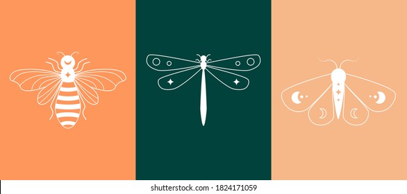 Abstract boho doodle logos. Simple esoteric linear emblems bee moth dragonfly, simple astrology concept. Modern vector illustration