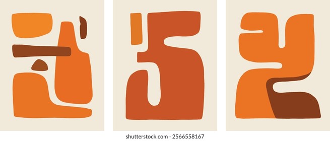 Abstract Boho Earthy Orange Burnt Red Tones Minimalist Wall Art Vector Set Illustration