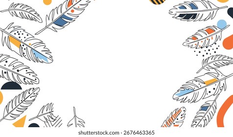 Abstract Boho Feather Pattern with Geometric Shapes and Dots White Background