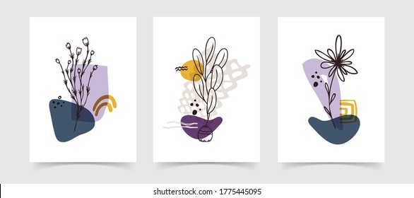 Abstract boho floral line art vector leaves background. Hand draw leaves and flower art background for social media, cover, case, textile, interior decor.