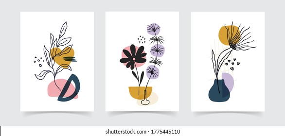 Abstract boho floral line art vector leaves background. Hand draw leaves and flower art background for social media, cover, case, textile, interior decor.