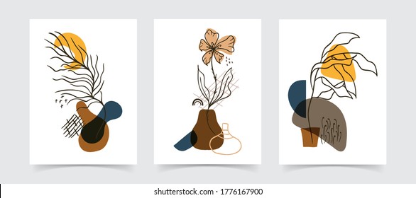 Abstract boho floral line art vector leaves background. Hand draw scandinavian leaves and flower art background for social media cover case textile interior decor