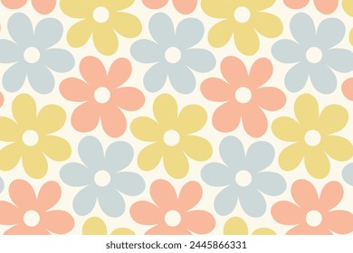 Abstract boho floral seamless pattern with cute daisy groovy flowers in beige colors, Hand drawn doodle style. Vector illustration