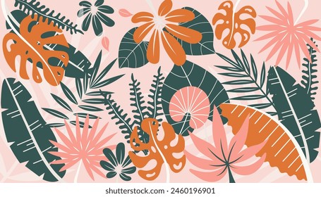 Abstract Boho foliage botanical tropical leaves. Floral natural pattern design for home deco, wall art, social media post and story background. Vector background