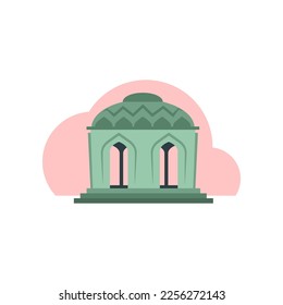 Resumen de un edificio verde boho con arcos. Ilustración vectorial del edificio minimalista con estilo geométrico. Edificio mínimo de dibujos animados con arco y escaleras aisladas en fondo blanco. Geometría, ciudad