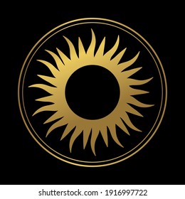 Abstract boho hand drawn illustration, golden sun in a round frame on a black background. Graphic logo, tarot card, astrological symbol. Divine heavenly sign