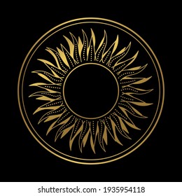 Abstract Boho Hand Drawn Illustration, Golden Sun Or Moon In A Circle Frame On A Black Background. Graphic Logo, Heavenly Sign, Tarot Card, Astrological Symbol. Divine Heavenly Symbol.