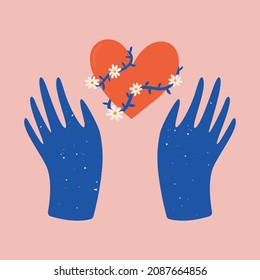 Abstract boho hands and heart symbol with bindweed. Psychedelic concept of love, peace and meditation. Hand drawn valentine day illustration