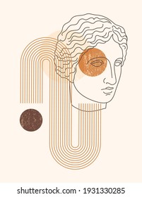 Abstract Boho Illustration with Antique Sculpture of Muse in a Minimal Liner Trendy Style. Vector Contemporary Background in Neutral colors for posters, t-shirts print, Cover, Social Media Stories