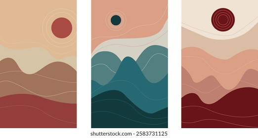 Abstract Boho Landscape Art with Layers, Patterns, and Sun Designs. Vector abstract artwork depicting layered terrains and suns, using warm earthy tones and blue shades.
