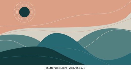 Abstract Boho Landscape Illustration with Soft Tones and Minimalistic Geometric Design