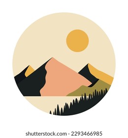 Abstract boho landscape illustration. Sun, mountains, nature, lake, forest, hills minimalist design