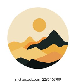 Abstract boho landscape illustration. Sun, mountains, nature, sunset, desert, hills minimalist design