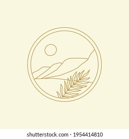 Abstract boho landscape logo. Sun, mountains, nature.	