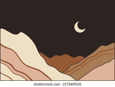 Abstract boho landscape with moon and mountains. Hand drawn vector illustration. Bohemian art.