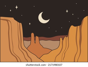 Abstract boho landscape. Moon and stars. Hand drawn vector illustration. Bohemian art.