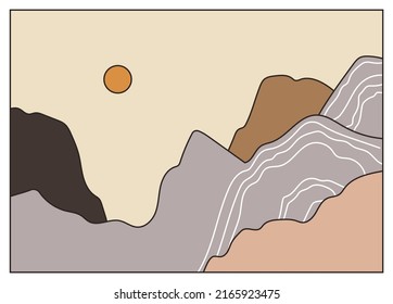 Abstract boho landscape with sun and mountains. Contemporary vector illustration in pastel colors. Flat abstract design. Bohemian art
