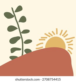 Abstract Boho Landscape Vector Illustration. Minimalist wall art with rising sun, botanical leaf, and organic terracotta shapes. Modern aesthetic background.