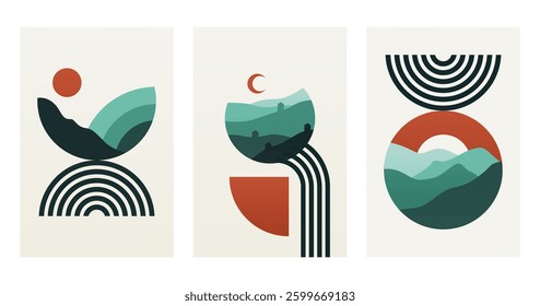 Abstract boho landscape wall art decor illustration. Boho rainbow abstract wall art background