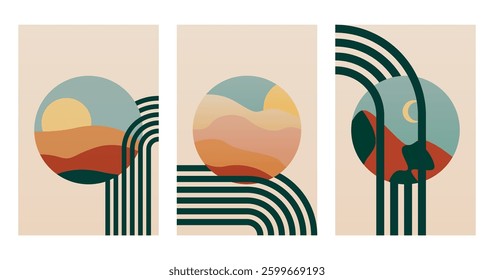 Abstract boho landscape wall art decor illustration. Boho rainbow abstract wall art background