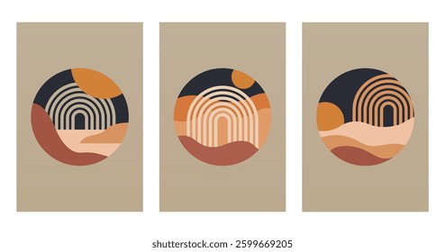 Abstract boho landscape wall art decor illustration. Boho rainbow abstract wall art background