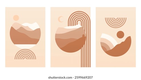 Abstract boho landscape wall art decor illustration. Boho rainbow abstract wall art background