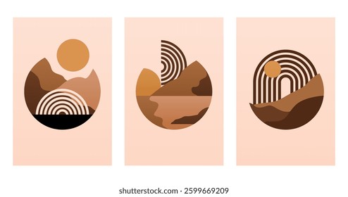 Abstract boho landscape wall art decor illustration. Boho rainbow abstract wall art background