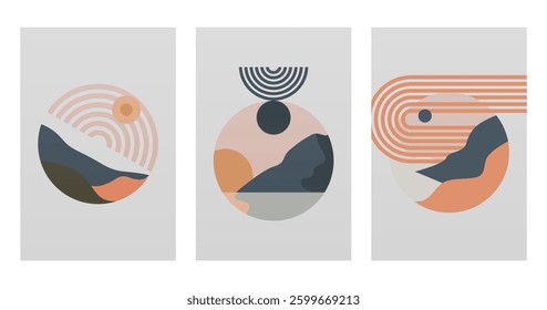 Abstract boho landscape wall art decor illustration. Boho rainbow abstract wall art background