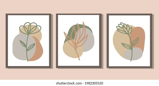 abstract boho leaves set of posters. hand drawn. vector, trendy, minimalism, doodle. prints for t-shirt, card sticker
