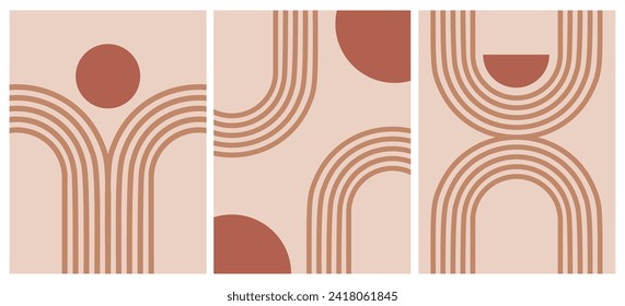 Abstract boho line art geometric shapes. Modern graphic background with minimal arch and circles. Simple organic textured illustration. Retro zen aesthetic print