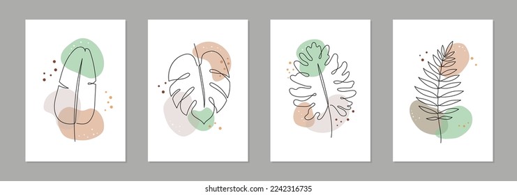 Abstract boho line art leaf design. Minimal abstract design leaves boho style organic plant shape background. Tropic leaf modern, boho design for print, wallpaper. Vector illustration