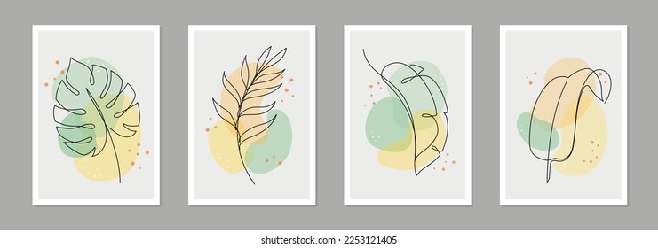 Resumen del diseño de hojas de arte de líneas de boho. El diseño abstracto mínimo deja un fondo de forma de planta orgánica de estilo boho. Hoja tropical moderna, diseño boho para impresión, papel pintado. Ilustración del vector