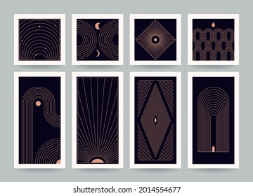 Abstract boho linear style design templates. Vector set of social media stories, business card, poster print clip art collection. Thin line geometric icon, minimal style illustration. Editable strokes