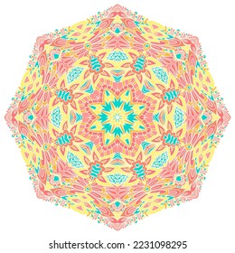 Abstract boho mandala print. Vector medallion decorative elements design light sun symbol. Mediataion art.