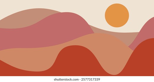 Abstract Boho Minimalist Sunset Landscape with Soft and Warm Earth Tones. Representation of a serene natural scene with colorful minimalist sun and hills. Smooth gradients and shapes evoke warmth