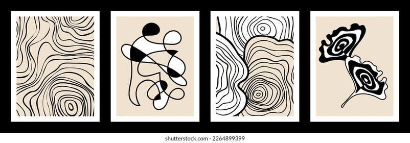 Abstract boho minimalistic wall art. Vintage mid century wavy posters with groovy lines, flowers, irregular orgaic shapes, scribbles. Aesthetic interior decor. Vector illustration.