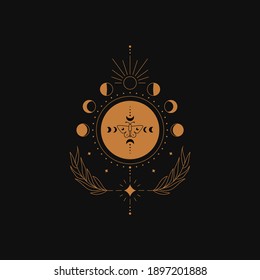 Abstract Boho Moon Phases. Esoteric Mystical Magic Celestial Line Drawing, Minimal Tattoo Logo Design. Vector Illustration