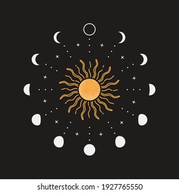 Abstract boho moon phases. Mystic contemporary sun moon symbols, magic poster decor. Vector illustration