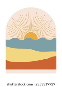 Resumen del paisaje montañoso boho con el mar azul y el sol en el arcos de mediados de siglo. Ilustración vectorial moderna de terracota y amarillo.
