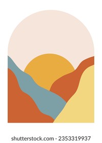 Abstract boho mountains landscape with blue river and minimalist sun in the mid century arche. Modern terracotta and yellow vector illustration.