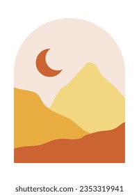 Resumen del paisaje de las montañas boho con la luna en el arco de mediados del siglo. Ilustración vectorial moderna de terracota y amarillo.