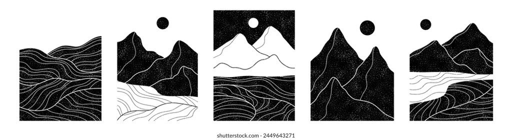 Abstractas montañas boho. Fondo lineal natural. Vector silueta paisaje. Puesta de sol
