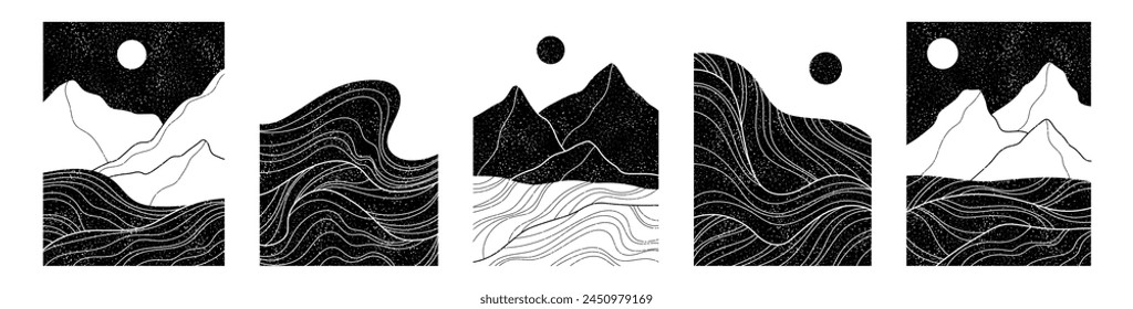 Abstract boho mountains. Natural linear background. Vector silhouette landscape. Waves, sea, ocean